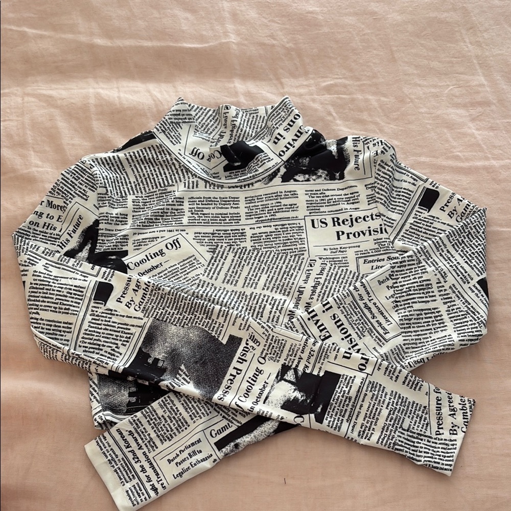 Newspaper Print Turtleneck Crop Top
